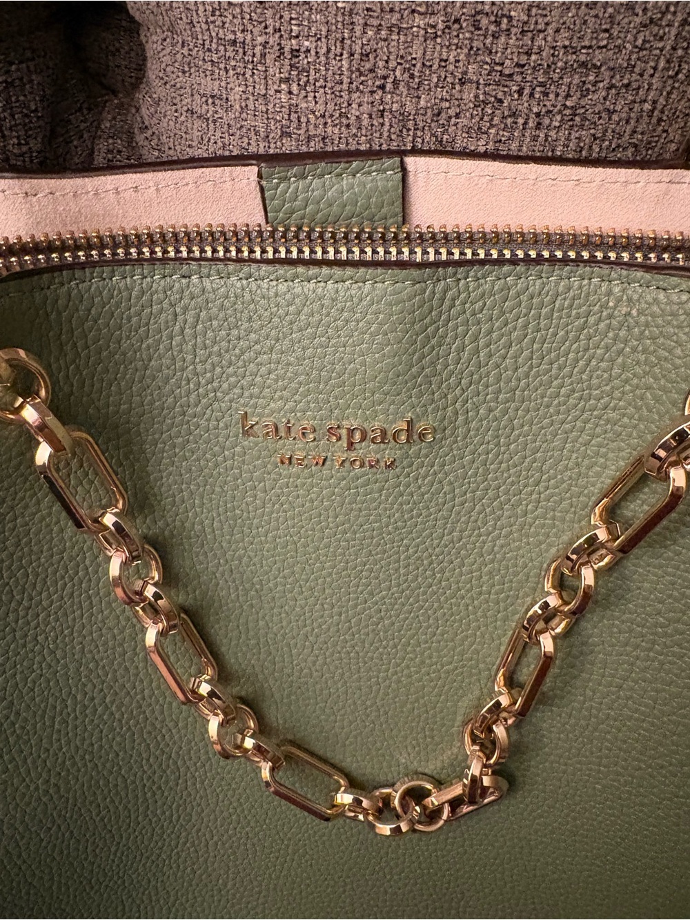 kate spade Green Pebbled Leather Tote with Gold Chain Accent
